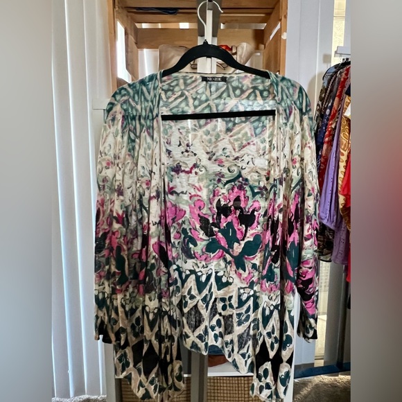 NIC+ZOE Art Scene 4 Way Cardigan Linen Abstract Colorful Print 3/4 Sleeve - Picture 1 of 2